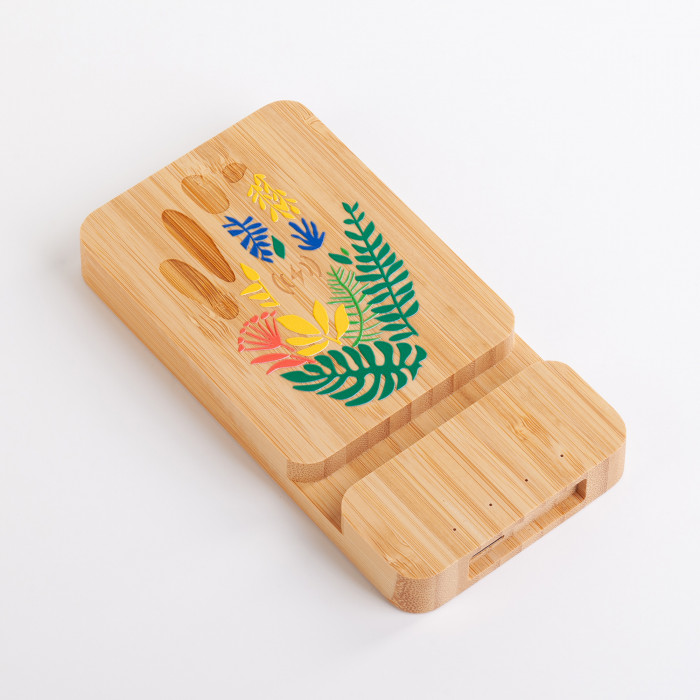 Беспроводное (10W) зарядное устройство Bamboo Power 5000 mAh с подставкой под смартфон, бамбук