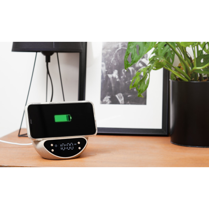 Настольные часы Smiley с беспроводным (10W) зарядным устройством и будильником, пшеница/бамбук/пластик