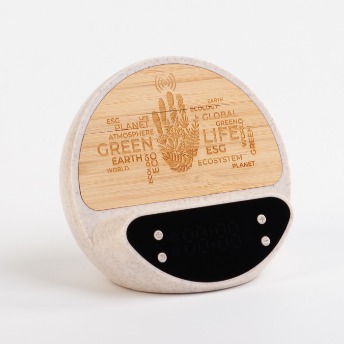 Настольные часы Smiley с беспроводным (10W) зарядным устройством и будильником, пшеница/бамбук/пластик
