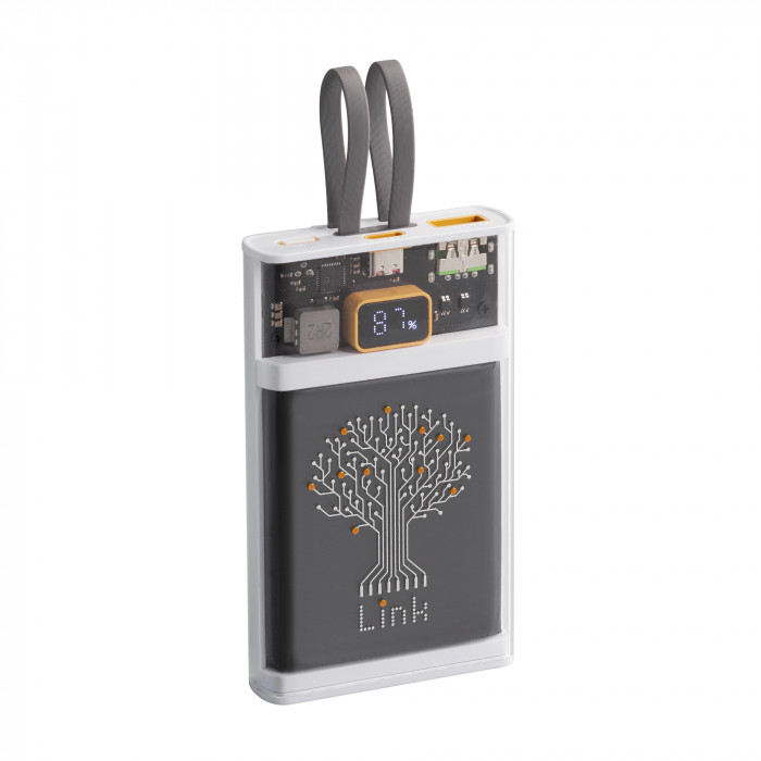 Зарядное (22.5W) устройство Link 10000 mAh с прозрачным корпусом, цифровым индикатором заряда и встроенными Type-C/Lightning кабелями