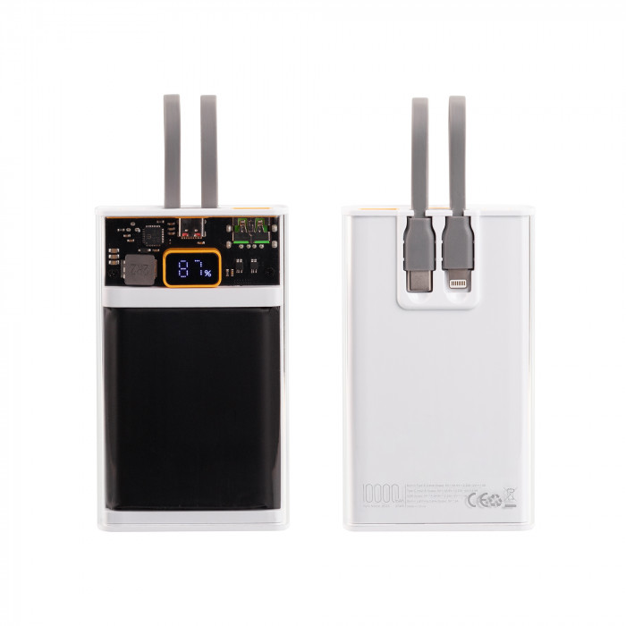 Зарядное (22.5W) устройство Link 10000 mAh с прозрачным корпусом, цифровым индикатором заряда и встроенными Type-C/Lightning кабелями
