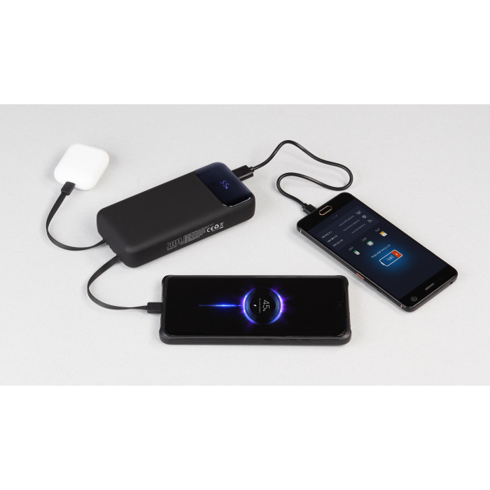 Зарядное (22.5W) устройство Top Grade SOFTTOUCH 20000 mAh с подсветкой логотипа, встроенными кабелями и цифровым индикатором заряда