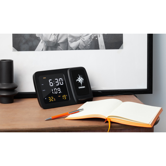 Настольные часы Smart Screen с беспроводным (15W) зарядным устройством, гигрометром, термометром, календарём, с подсветкой логотипа