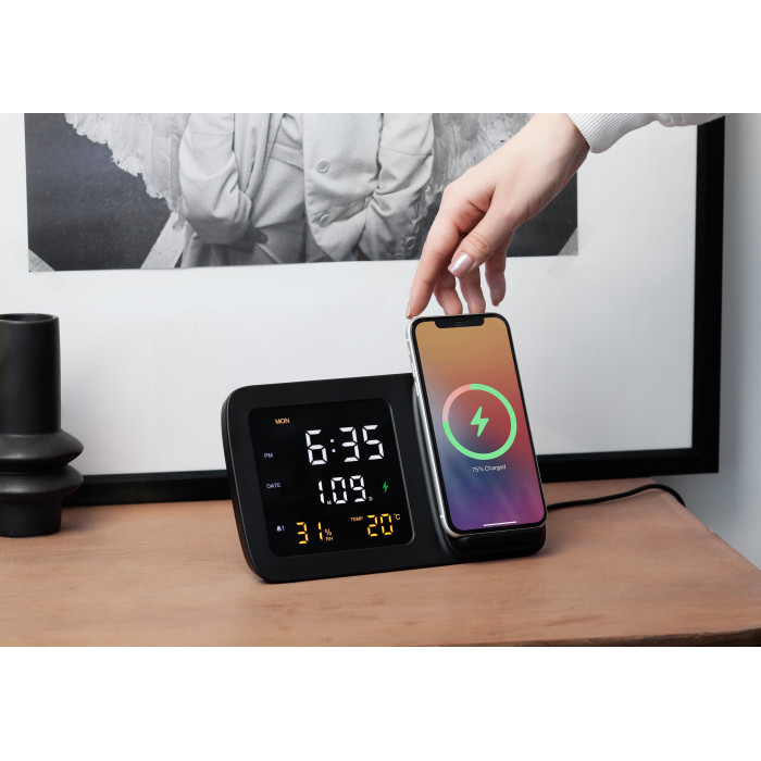 Настольные часы Smart Screen с беспроводным (15W) зарядным устройством, гигрометром, термометром, календарём, с подсветкой логотипа