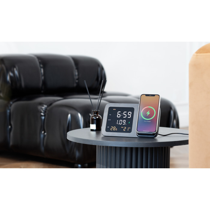 Настольные часы Smart Screen с беспроводным (15W) зарядным устройством, гигрометром, термометром, календарём, с подсветкой логотипа
