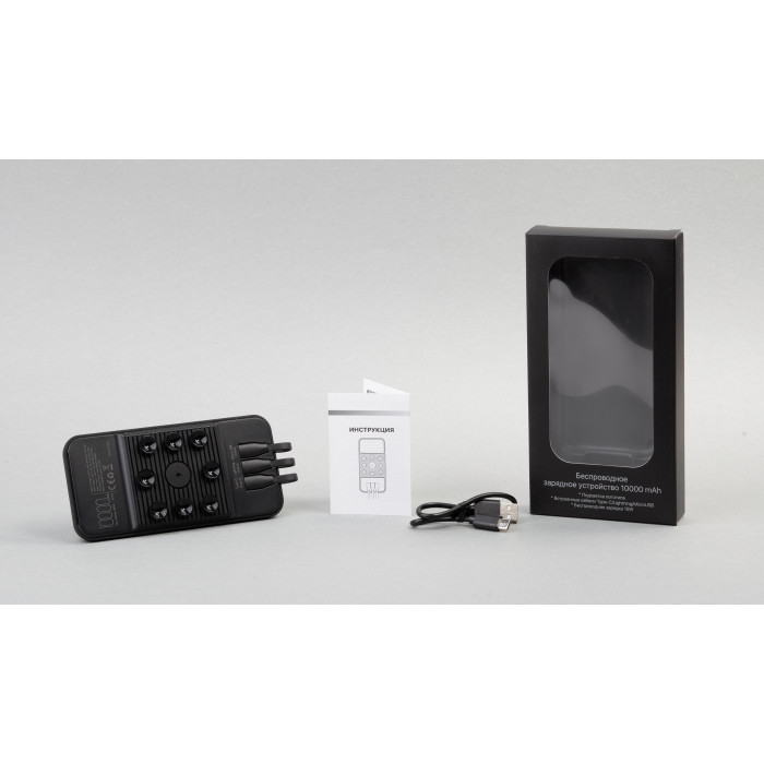 Беспроводное зарядное (22.5/15W) устройство Topfull SOFTTOUCH 10000 mAh с подсветкой лого, присосками, встроенными кабелями, с подставкой