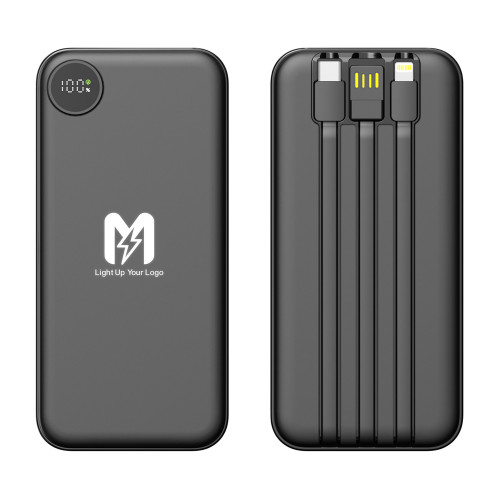 Зарядное устройство Форт 10000 mAh с подсветкой логотипа, встроенными кабелями и цифровым индикатором заряда Зарядное устройство Форт 10000 mAh с подсветкой логотипа, встроенными кабелями и цифровым индикатором заряда