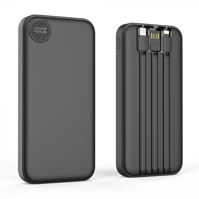 Зарядное устройство Форт 10000 mAh с подсветкой логотипа, встроенными кабелями и цифровым индикатором заряда