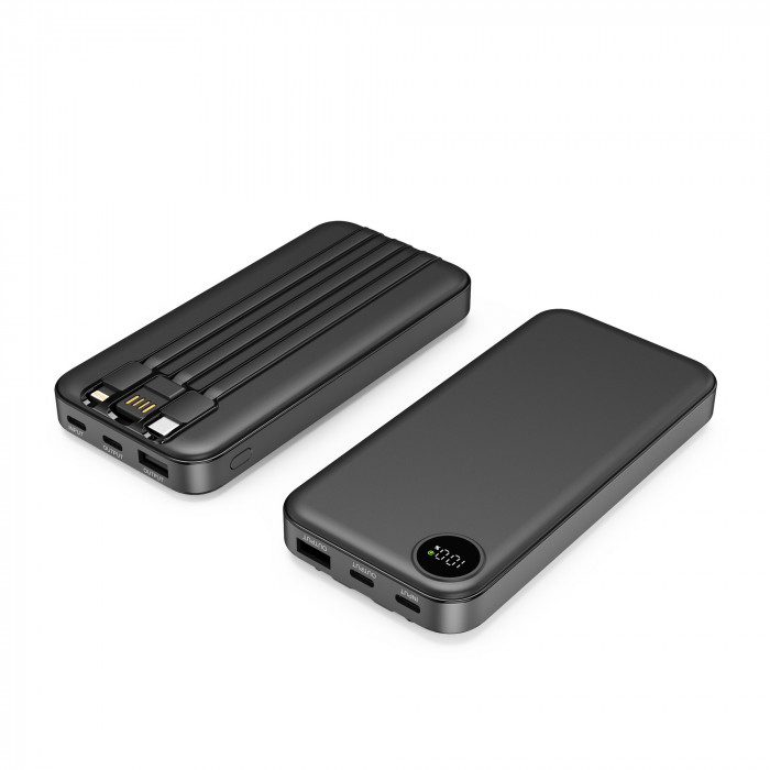 Зарядное устройство Форт 10000 mAh с подсветкой логотипа, встроенными кабелями и цифровым индикатором заряда