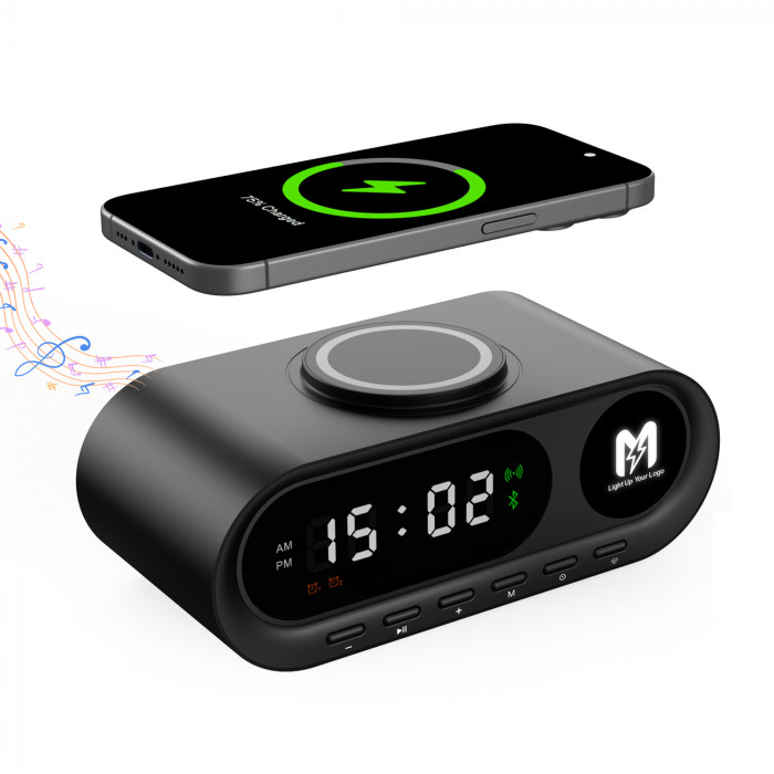 Настольные часы Smart Hub с bluetooth колонкой 5Вт, беспроводной (15W) зарядкой и подсветкой логотипа