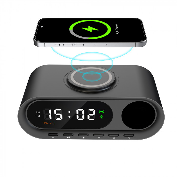 Настольные часы Smart Hub с bluetooth колонкой 5Вт, беспроводной (15W) зарядкой и подсветкой логотипа
