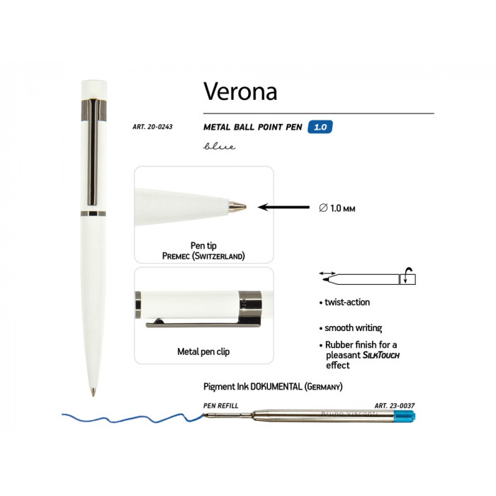 Ручка шариковая автоматическая BrunoVisconti VERONA цвет корпуса белый, soft-touch, 1 мм, синяя
