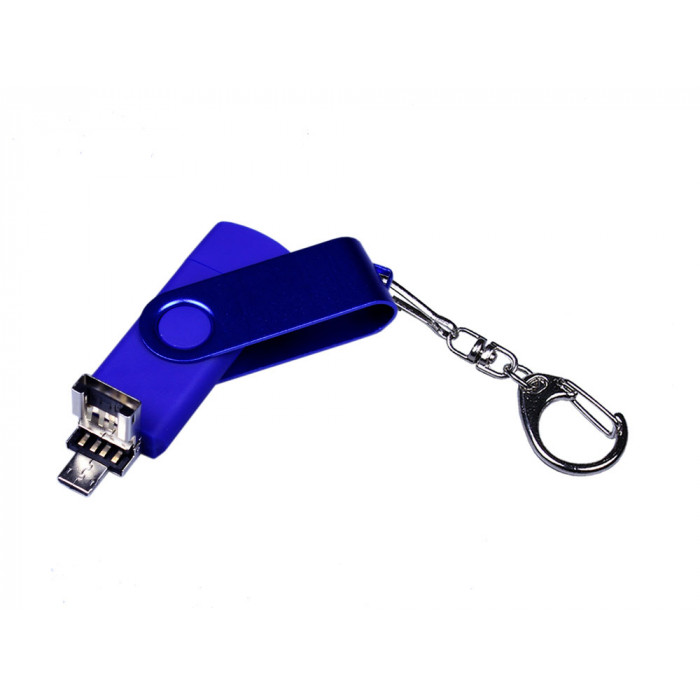 USB-флешка на 16 Гб 3 в 1 поворотный механизм, c двумя дополнительными разъемами MicroUSB и TypeC C с одноцветным металлическим клипом, синий