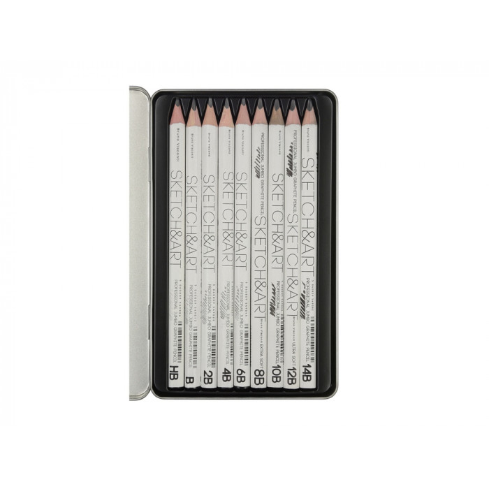 Набор чернографитовых карандашей  Sketch & Art  утолщенные,9 шт. hb-14b,  металлическая коробка с ложементом