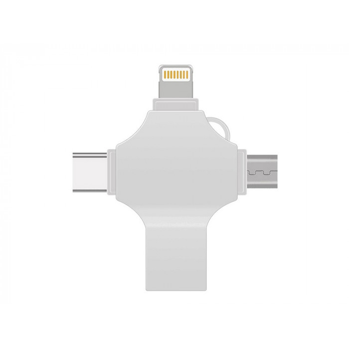 USB-флешка на 32 Гб 4 в 1 поворотный механизм, c дополнительными разъемами MicroUSB, TypeC и Lightning, серебристый