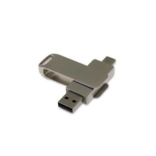 USB 2.0- флешка на 16 Гб поворотный механизм 2 в 1, c дополнительным разъемом Type-C с одноцветным металлическим клипом, серый