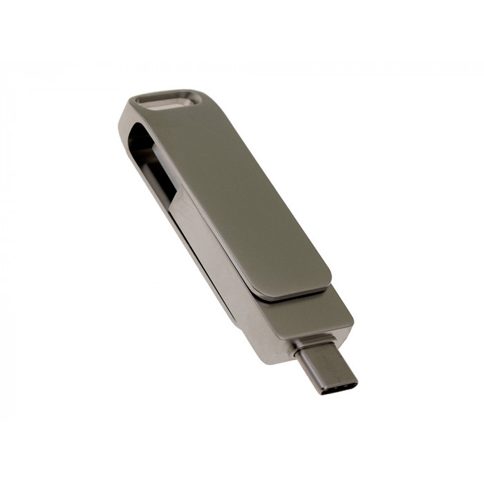 USB 3.0- флешка на 16 Гб поворотный механизм 2 в 1, c дополнительным разъемом Type-C с одноцветным металлическим клипом, серый