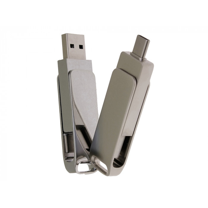 USB 3.0- флешка на 16 Гб поворотный механизм 2 в 1, c дополнительным разъемом Type-C с одноцветным металлическим клипом, серый