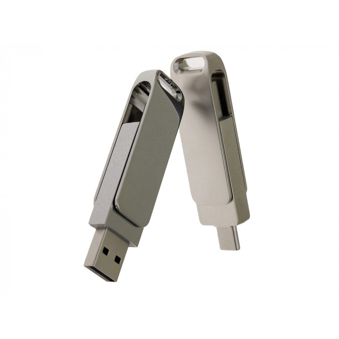 USB 3.0- флешка на 16 Гб поворотный механизм 2 в 1, c дополнительным разъемом Type-C с одноцветным металлическим клипом, серый