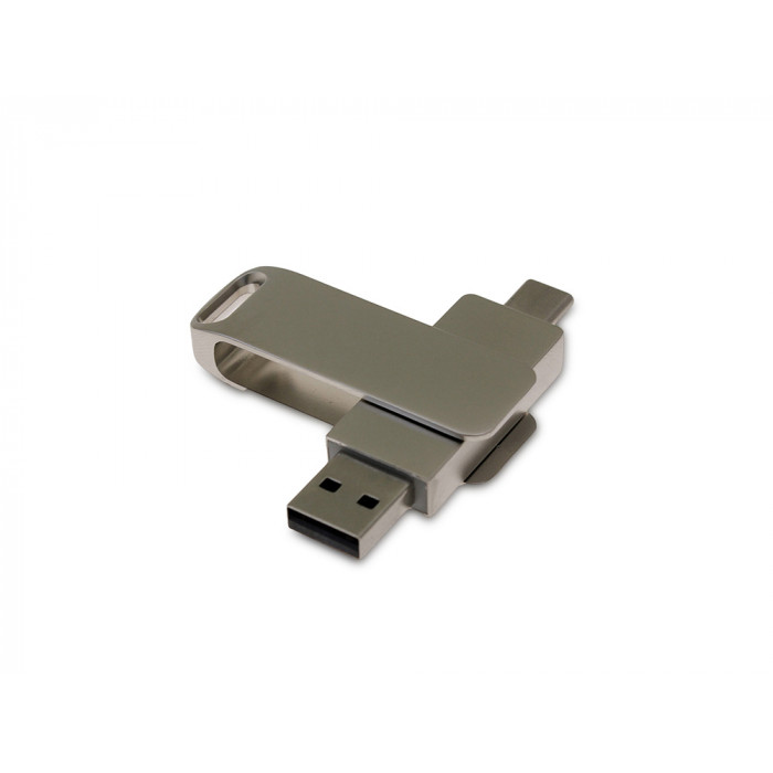 USB 3.0- флешка на 32 Гб поворотный механизм 2 в 1, c дополнительным разъемом Type-C с одноцветным металлическим клипом, серый