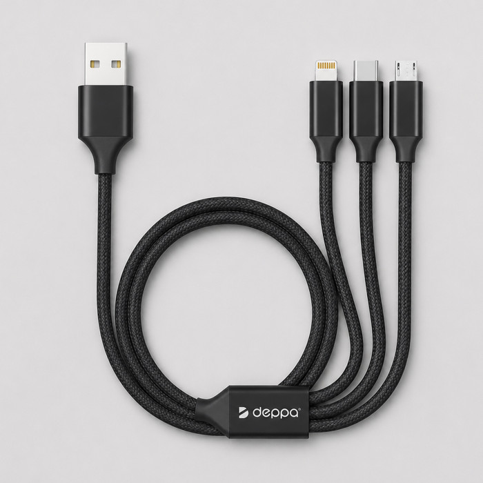 Дата-кабель 3 в 1: micro USB, USB-C, Ligthning, алюминий, 1.2м, черный, Deppa