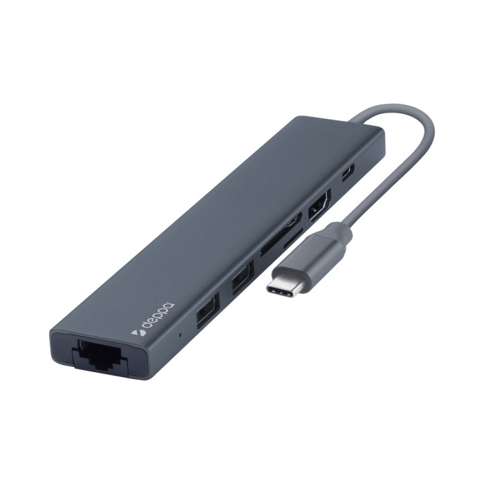 USB Type-C хаб 7-в-1, HDMI, Power Delivery, 2xUSB 3.0, RJ45, microSD/SD, графит, Deppa