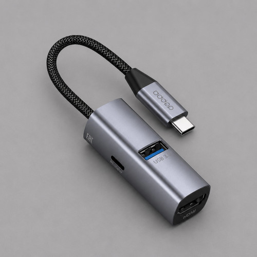 USB-хаб 3 в 1 USB-C - USB-A3.0 + USB-C PD100Вт + HDMI, серый, Deppa USB-хаб 3 в 1 USB-C - USB-A3.0 + USB-C PD100Вт + HDMI, серый, Deppa