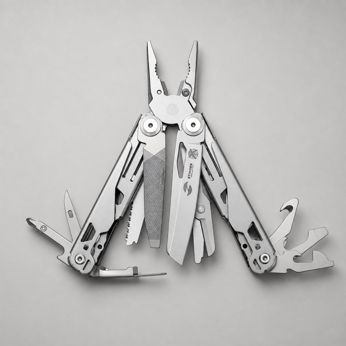 Мультитул Stinger, 107 х 40 мм, 20 функций, нержавеющая сталь, серебристый, в комплекте нейлоновый чехол, в картонной коробке