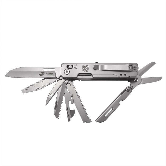 Мультитул Stinger, 92 х 30 мм, 15 функций, нержавеющая сталь, серебристый, в картонной коробке