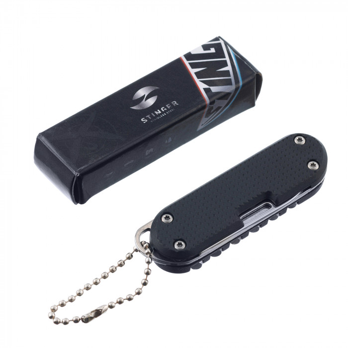 Нож перочинный Stinger, 73 мм, 8 функций, материал рукояти фиброволокно, нейлон (черный), в картонной коробке