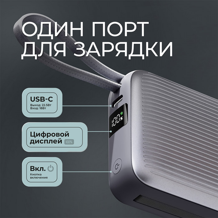 Внешний АКБ NRG Turbo Cable 10000 mAh, 22,5Вт, графит, Deppa