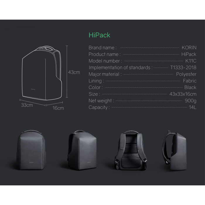 Рюкзак KORIN HiPack 43х33х16 см, черный