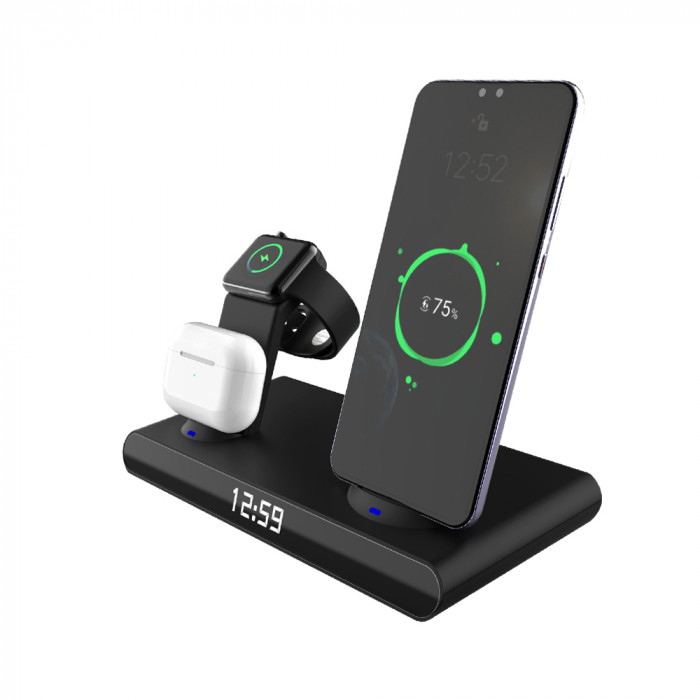 Часы электронные Abbatt мультифункциональные с беспроводной зарядкой, черный Часы электронные Abbatt мультифункциональные с беспроводной зарядкой, черный