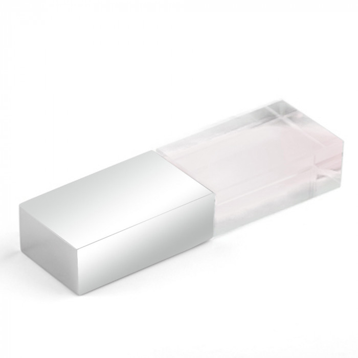 Флеш накопитель USB 2.0 Кристалл, металл/стекло, прозрачный/серебристый, подсветка белым,16 GB