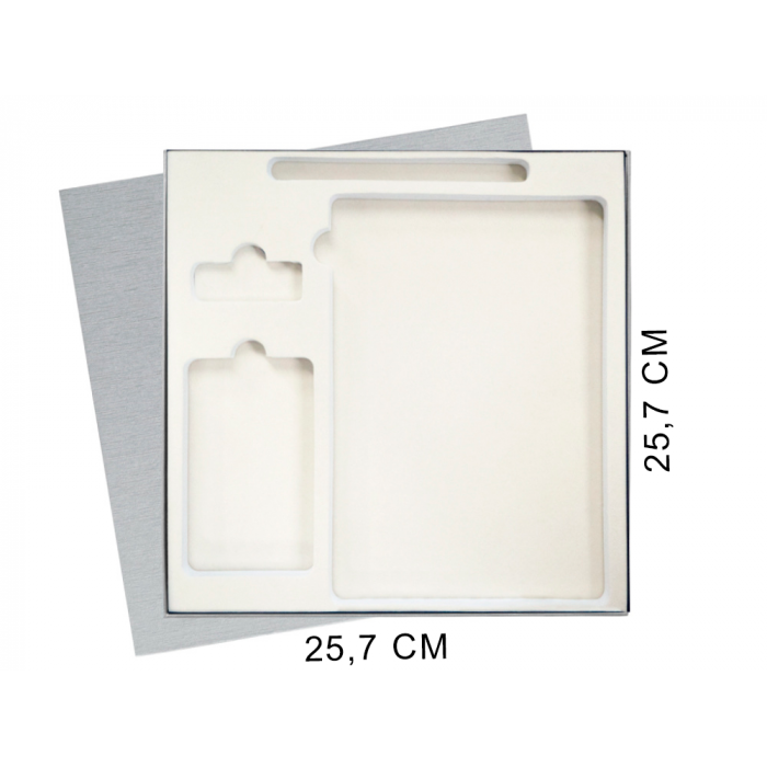 Коробка подарочная Solution Superior Linen, серебро, 25,7x25,7, с вырубкой под ежедневник/ручку/флешку/пауэрбанк 7,0х11,7