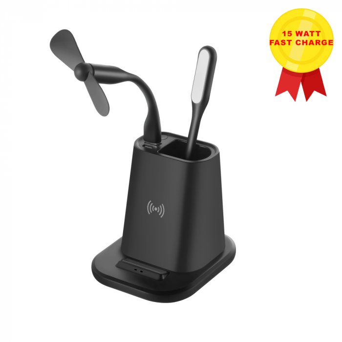 Настольный органайзер  15 Watt Fast Charge   c беспроводной зарядкой, вентилятором и лампой, черный