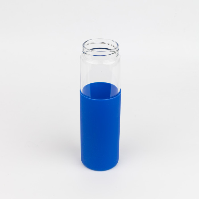 Бутылка стеклянная с силиконовой манжетой и бамбуковой крышкой  Glass, синяя