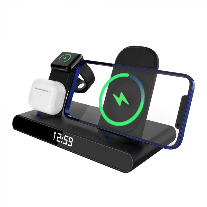 Часы электронные Abbatt мультифункциональные с беспроводной зарядкой, черный Часы электронные Abbatt мультифункциональные с беспроводной зарядкой, черный