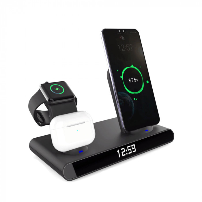 Часы электронные Abbatt мультифункциональные с беспроводной зарядкой, черный Часы электронные Abbatt мультифункциональные с беспроводной зарядкой, черный