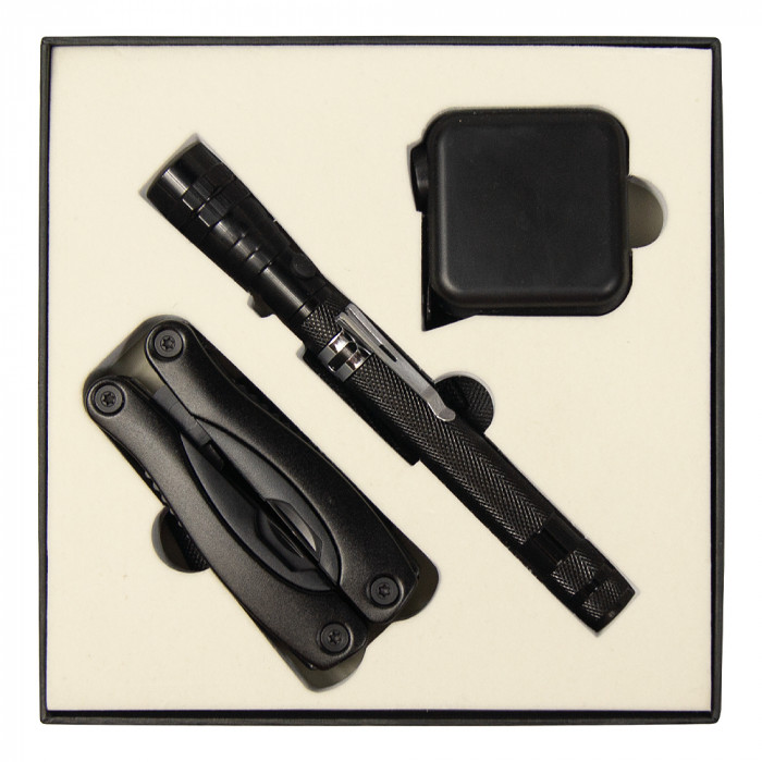 Набор подарочный Solution Superior Trio (Фонарь телескопический Tools Flashlight, рулетка Tools Master, 3 метра, Мультитул Tools Birmingham) черный
