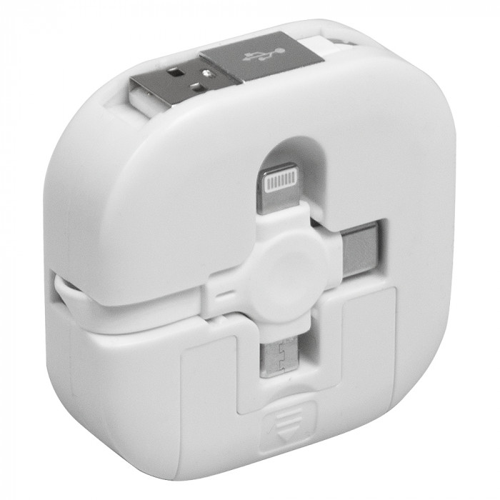 Кабель зарядный выдвижной USB Wingle 3-в-1 на Lightning, Micro-USB, Type-C «U50» 2,4 A, Quick Charge с подставкой для телефона, квадратный, белый