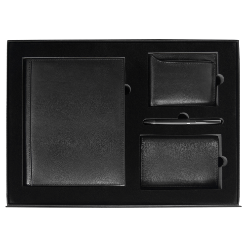 Набор подарочный Solution Prestige Quardo  (суперобложка из натуральной кожи, обложка для паспорта, ручка шариковая, кошелек с картхолдером), черный