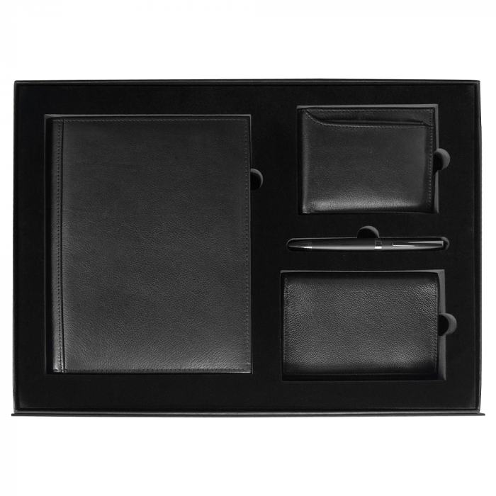 Набор подарочный Solution Prestige Quardo  (суперобложка из натуральной кожи, обложка для паспорта, ручка шариковая, кошелек с картхолдером), черный